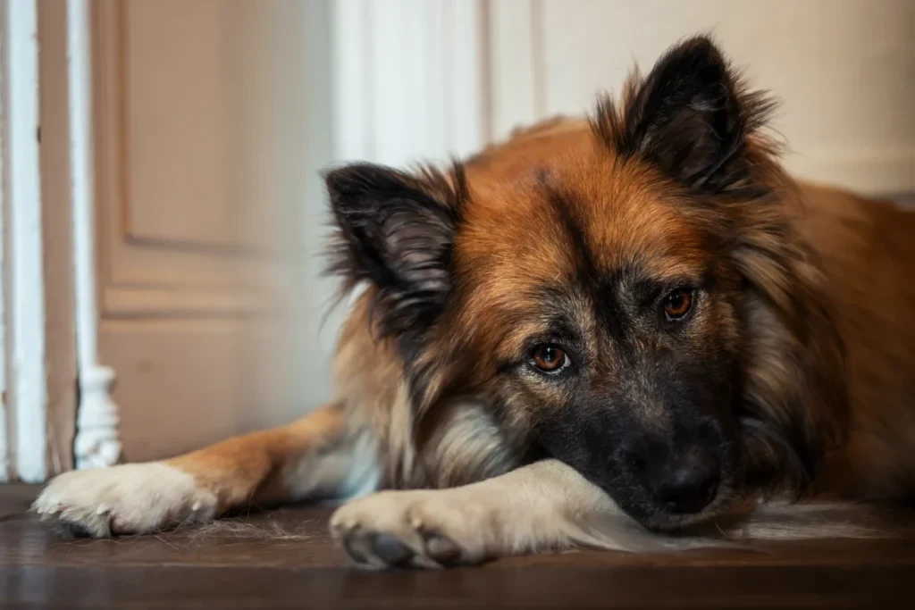 Chien couché sur un parquet sombre, la tête posée sur ses pattes
