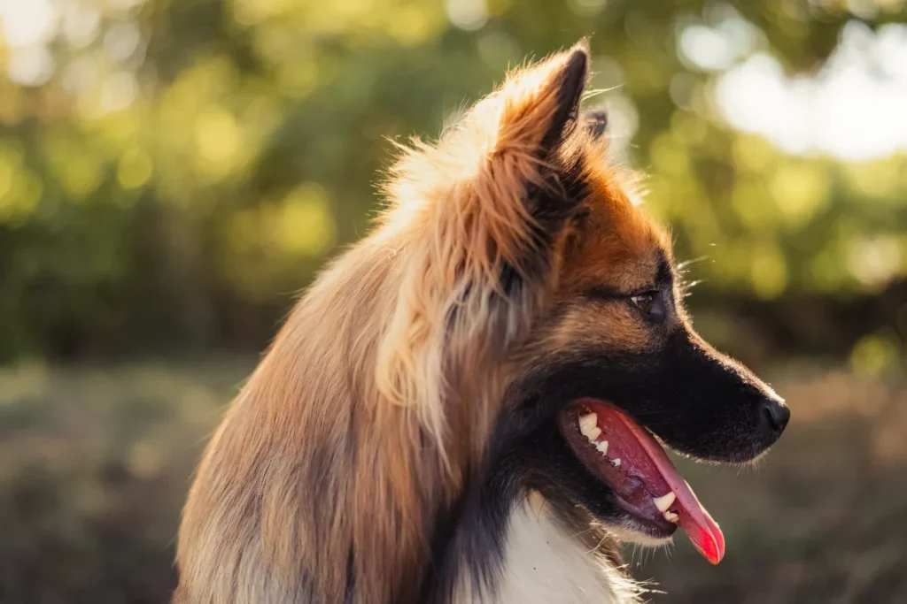 Chien spitz de profil, le poil éclairé à contre-jour devant un feuillage