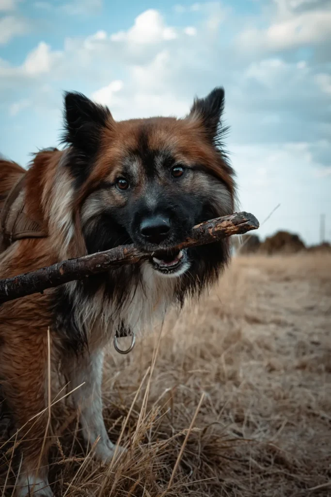 Chien tenant un bâton dans sa gueule