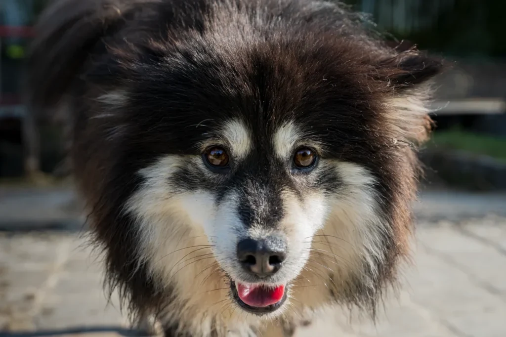 Portrait de face d’un chien noir et blanc au poil épais, en plein soleil