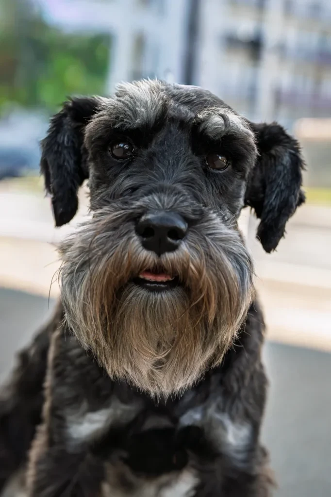 Portrait d’un schnauzer gris et noir assis, une rue en arrière-plan flou