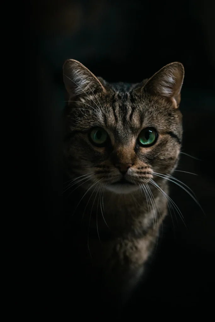 Portrait du chat tigré Butternut aux yeux verts sur fond noir